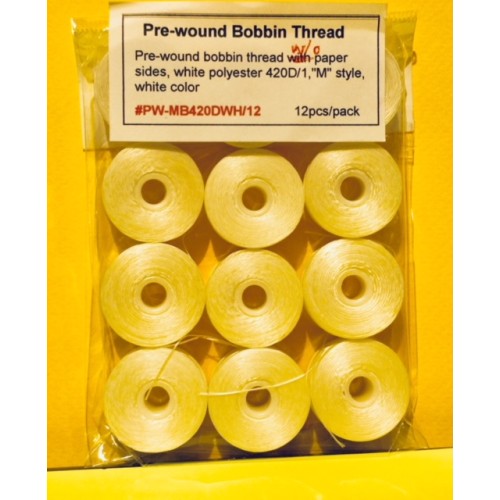 Pre-wound Bobbin Thread  420D/1 White "M" Style