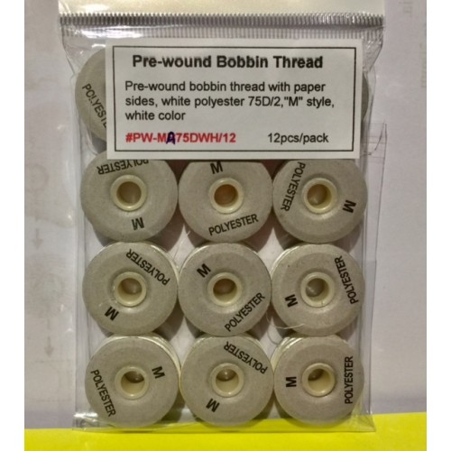 Pre-wound Bobbin Thread  75D/2 White "M" Style